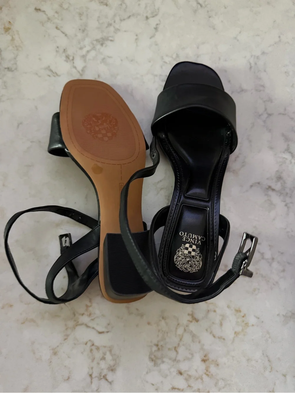 Vince Camuto Black Leather Square-Toe Ankle-Strap Heels